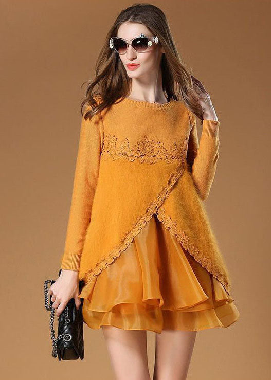 Elegant Yellow Side Open Organza Patchwork Fuzzy Fur Fluffy Mini Dresses Spring