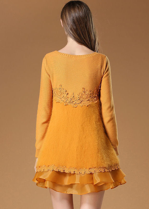 Elegant Yellow Side Open Organza Patchwork Fuzzy Fur Fluffy Mini Dresses Spring