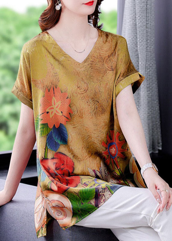 Elegant Yellow V Neck Original Design Print Side Open Silk Top Short Sleeve