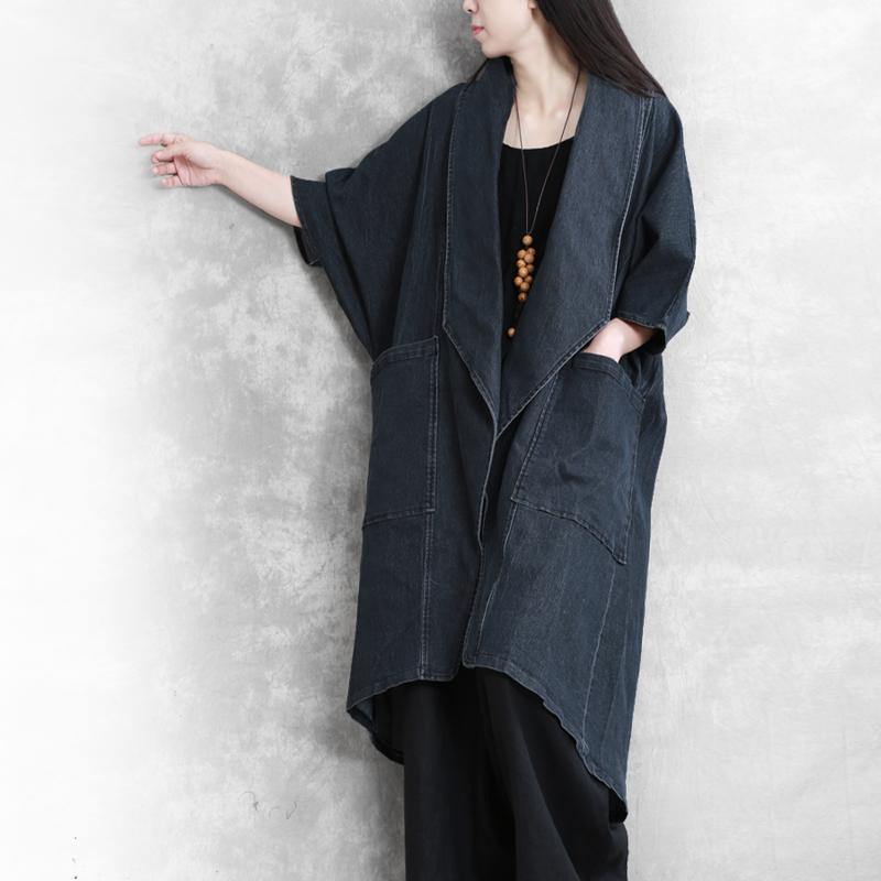 Elegant asymmetric top quality trench coat denim blue oversized coat fall - Omychic
