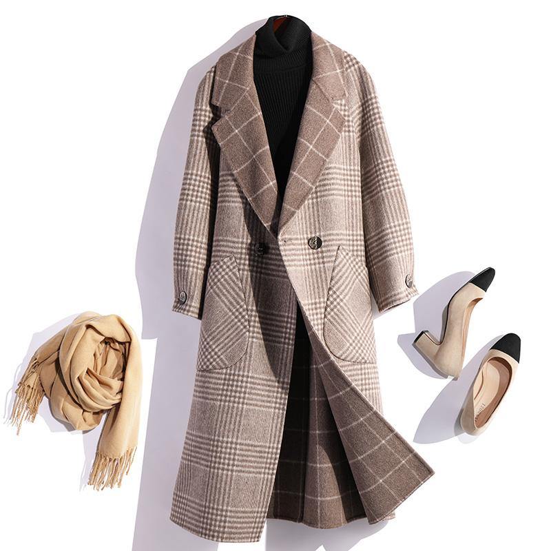 Elegant beige gray plaid wool coat plus size Winter coat fall women coats tie waist - Omychic