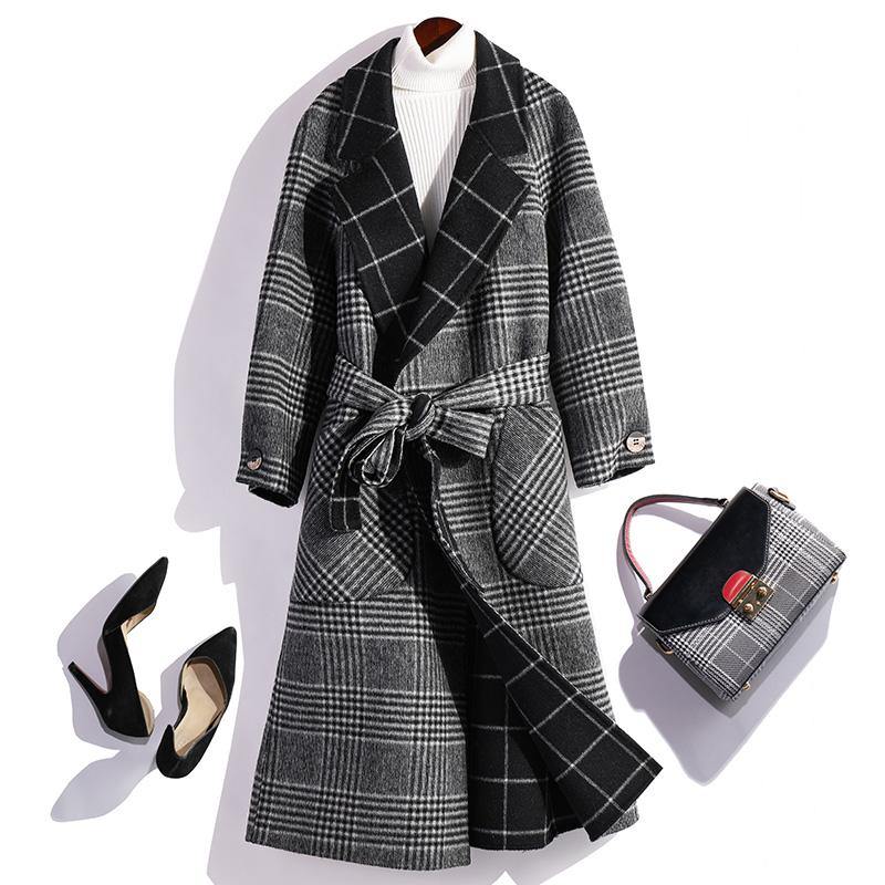 Elegant beige gray plaid wool coat plus size Winter coat fall women coats tie waist - Omychic