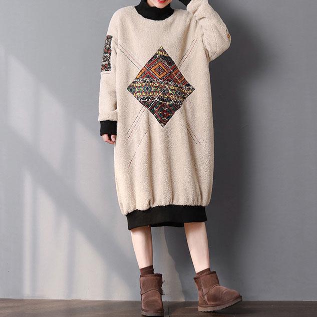 Elegant beige warm spring maxi dress Turtleneck cotton clothing patchwork dress - Omychic