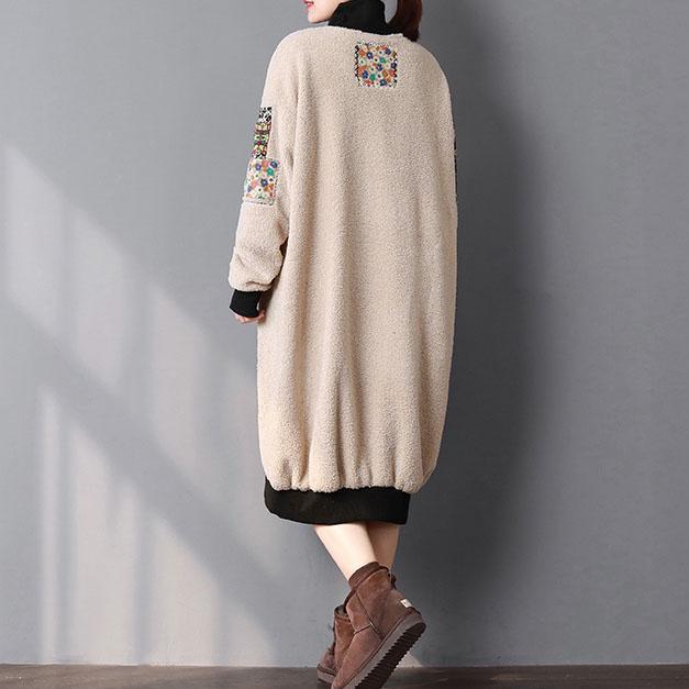 Elegant beige warm spring maxi dress Turtleneck cotton clothing patchwork dress - Omychic