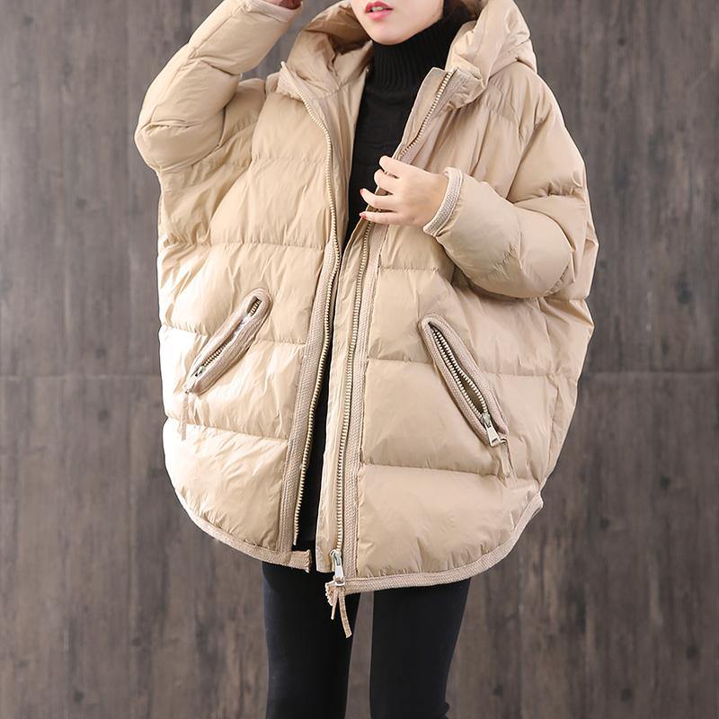 Elegant beige warm winter coat plus size hooded women parka zippered top quality coats - Omychic