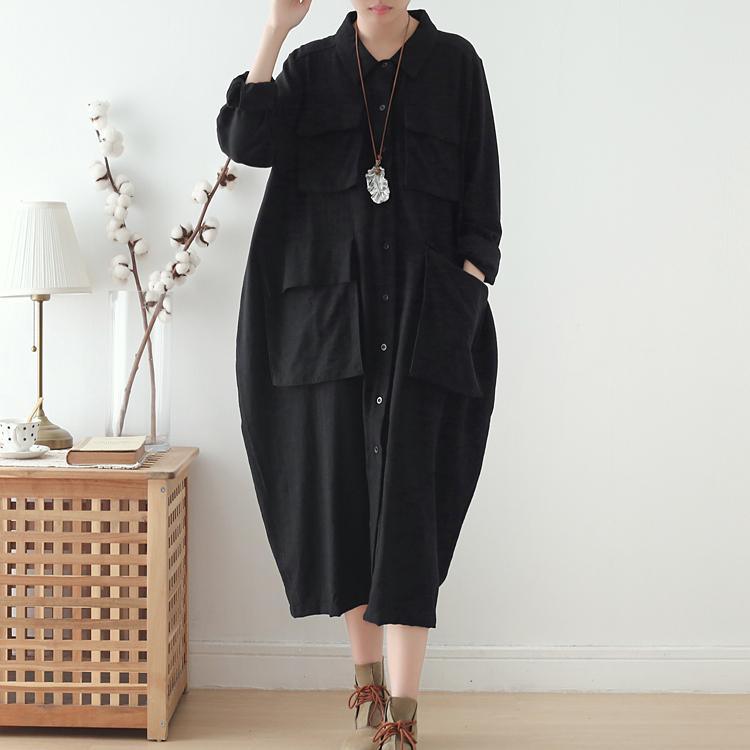 Elegant big pockets cotton quilting clothes linen black Maxi Shirt Dress fall - Omychic