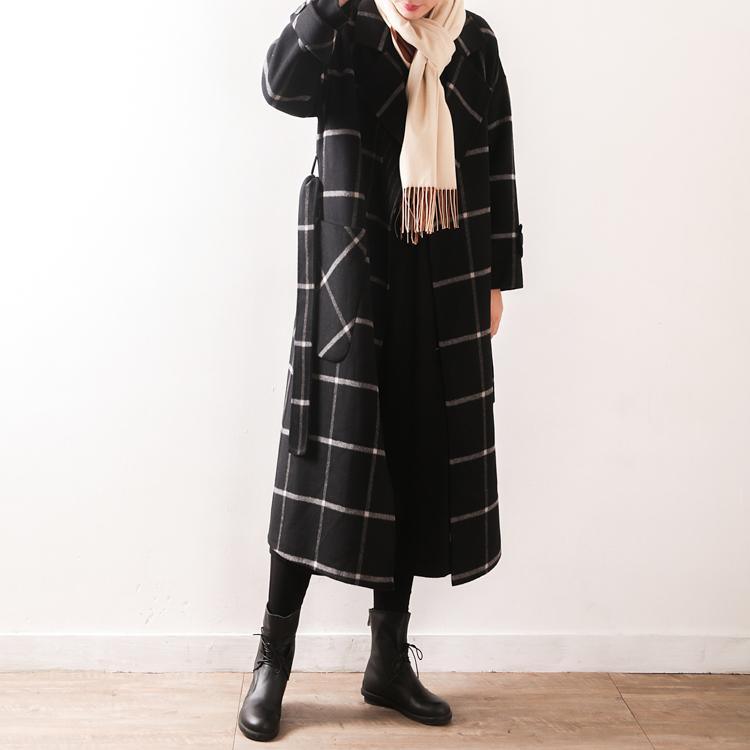 Elegant black Plaid Wool coats plus size clothing Notched tie waist pockets coats - Omychic