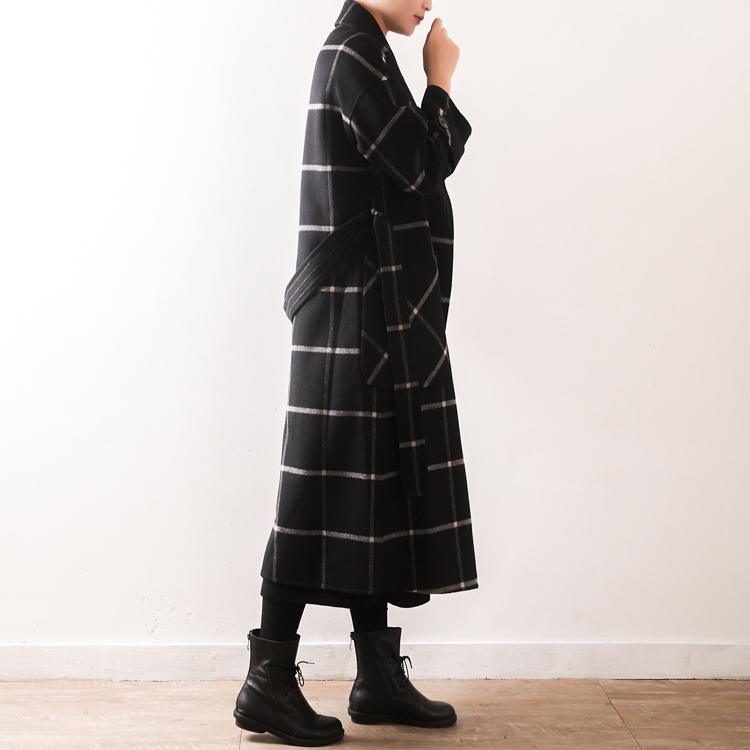 Elegant black Plaid Wool coats plus size clothing Notched tie waist pockets coats - Omychic