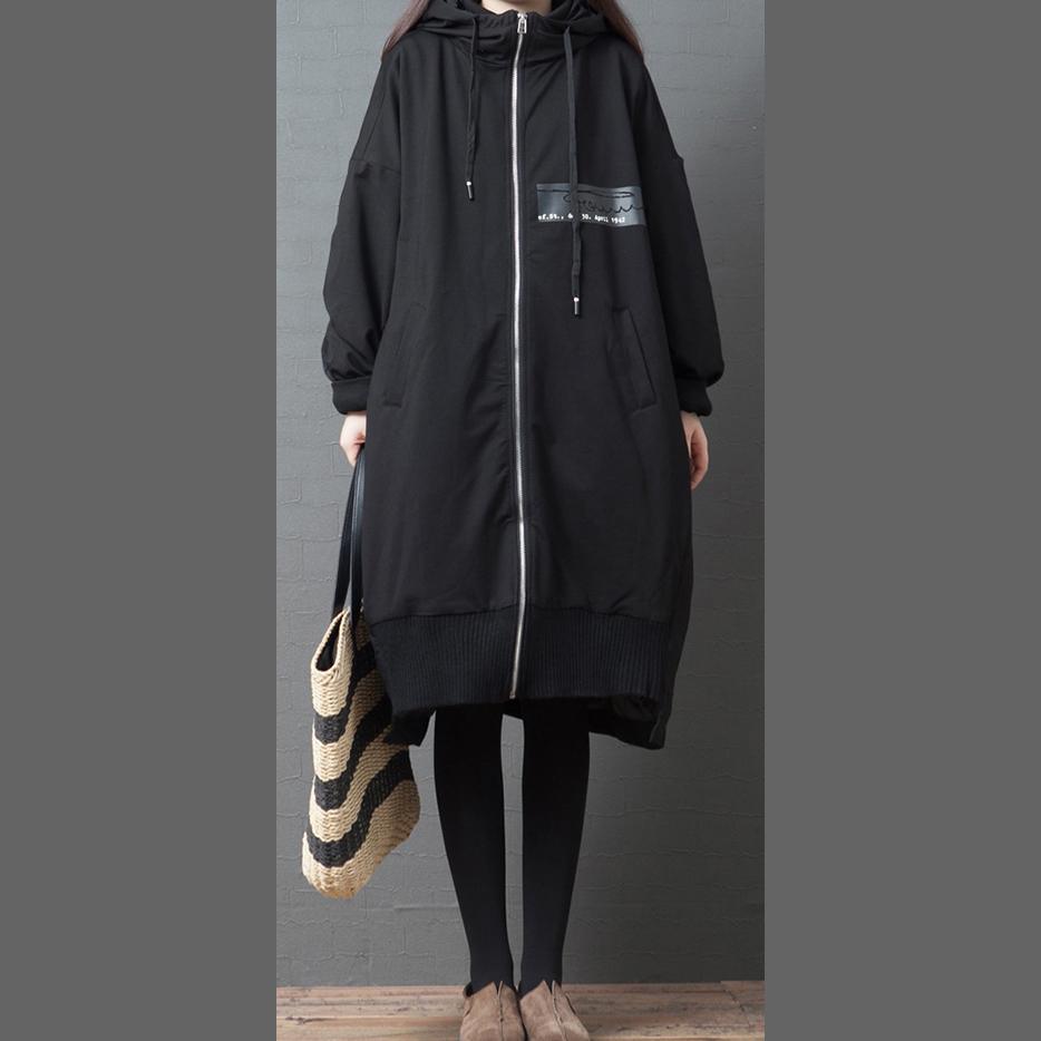 Elegant black Plus Size crane coats Sewing hooded pockets coat - Omychic