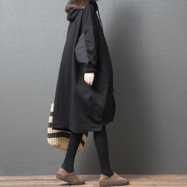 Elegant black Plus Size crane coats Sewing hooded pockets coat - Omychic