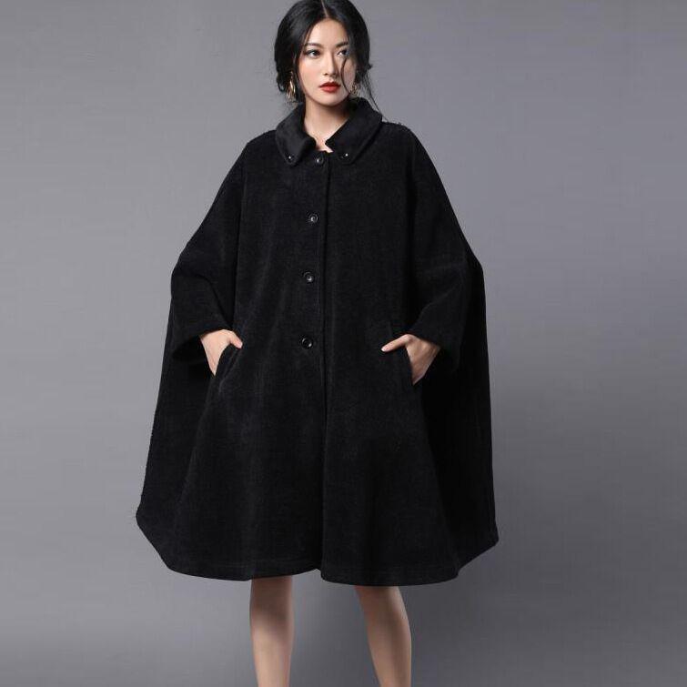 Elegant black Woolen Coats Women oversize winter Turn-down Collar woolen Cloak Sleeves outwear - Omychic