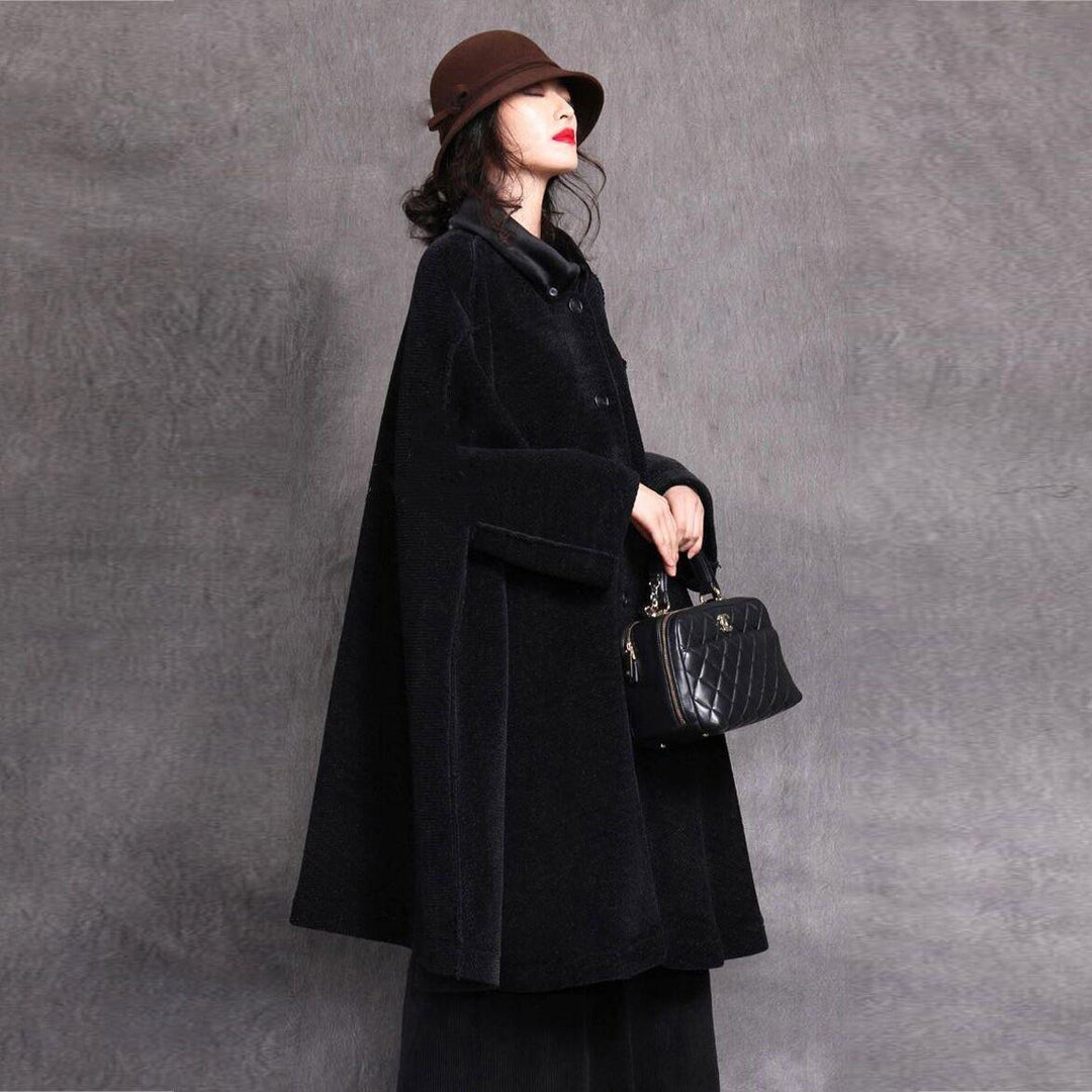 Elegant black Woolen Coats Women oversize winter Turn-down Collar woolen Cloak Sleeves outwear - Omychic