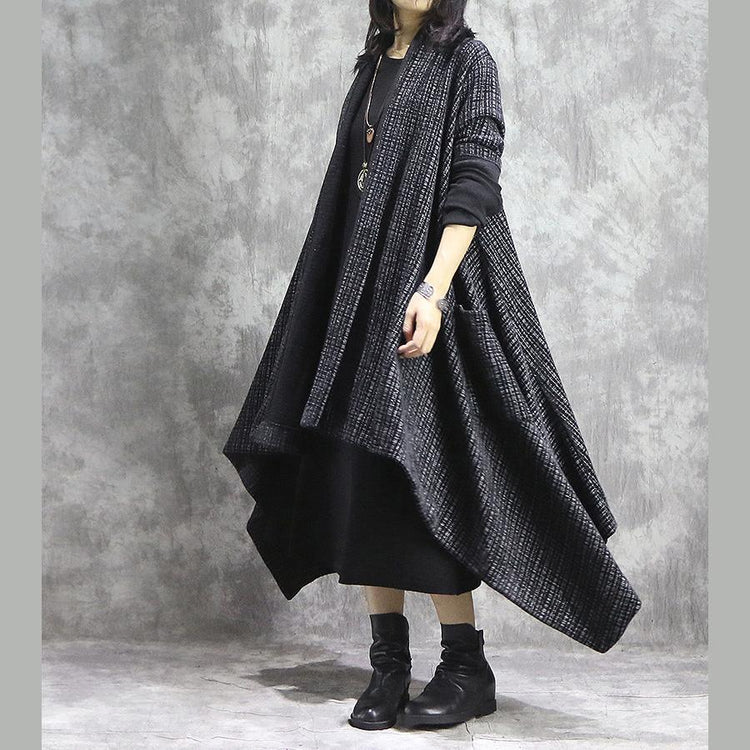 Elegant black brown Plaid Coats trendy plus size long V neck patchwork coat - Omychic
