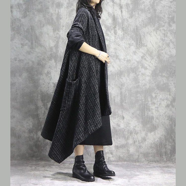 Elegant black brown Plaid Coats trendy plus size long V neck patchwork coat - Omychic