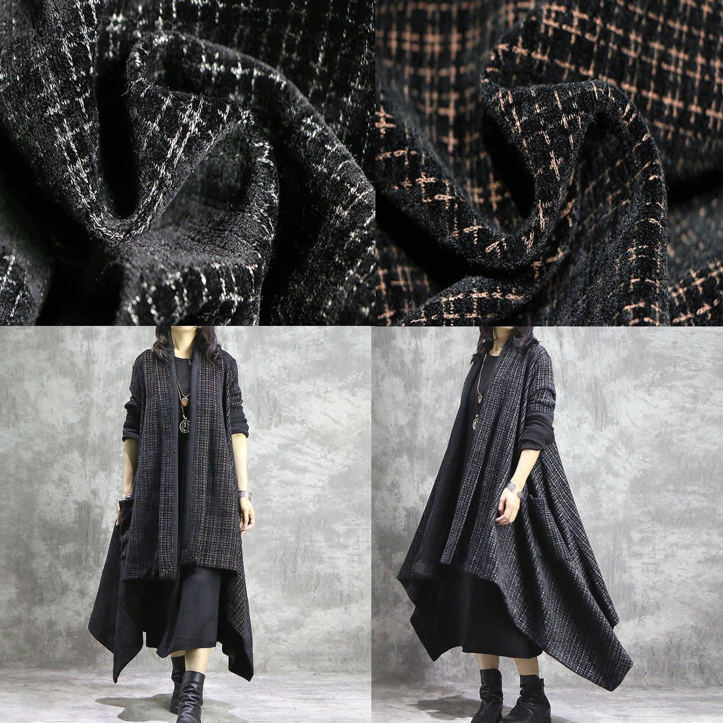 Elegant black brown Plaid Coats trendy plus size long V neck patchwork coat - Omychic