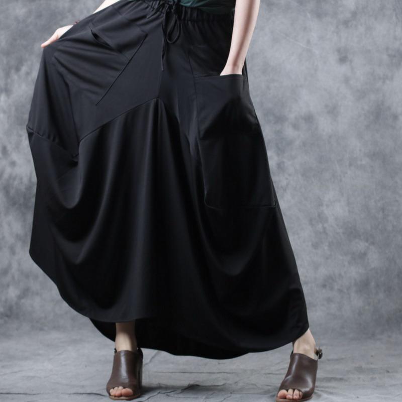 Elegant black cotton clothes Women elastic waist asymmetric Maxi summer skirt - Omychic