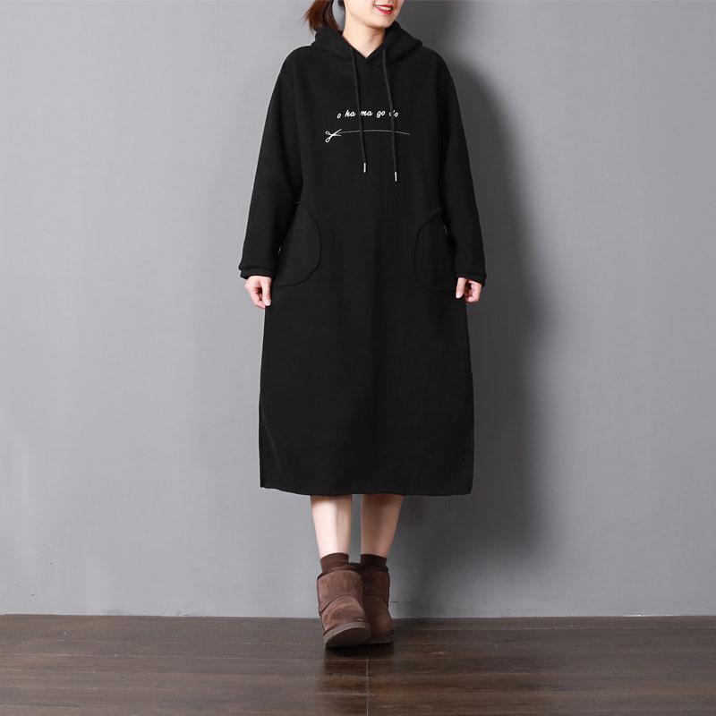 Elegant black cotton dresses plus size maxi dresses hooded drawstring cotton clothing pockets dresses - Omychic