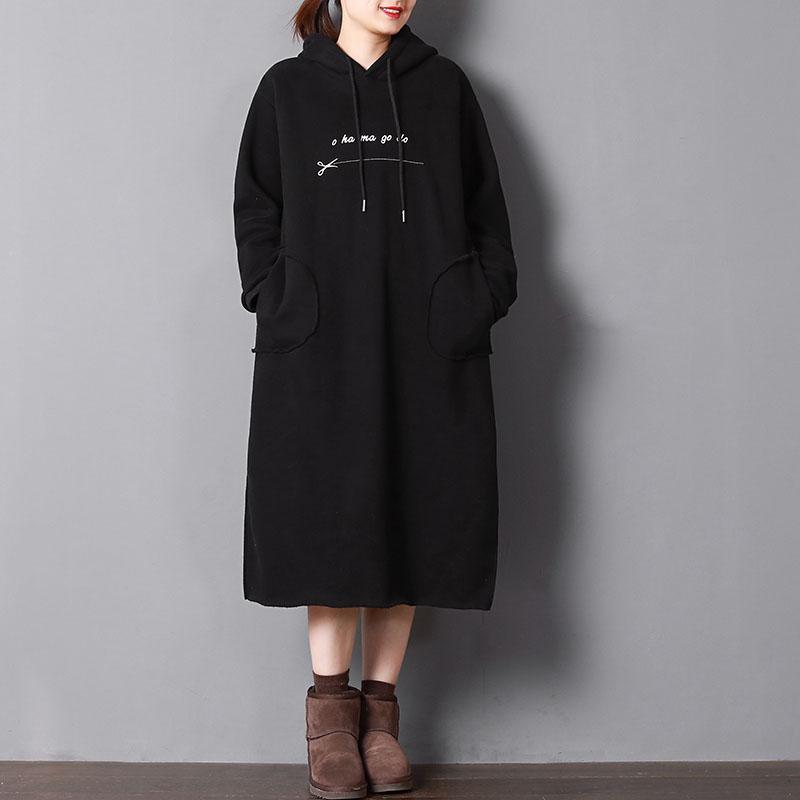 Elegant black cotton dresses plus size maxi dresses hooded drawstring cotton clothing pockets dresses - Omychic