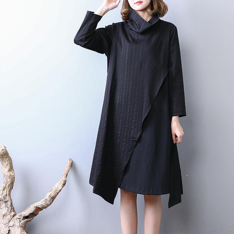 Elegant black cotton shift dresses casual holiday dresses asymmetric Fine high collar cotton dress - Omychic