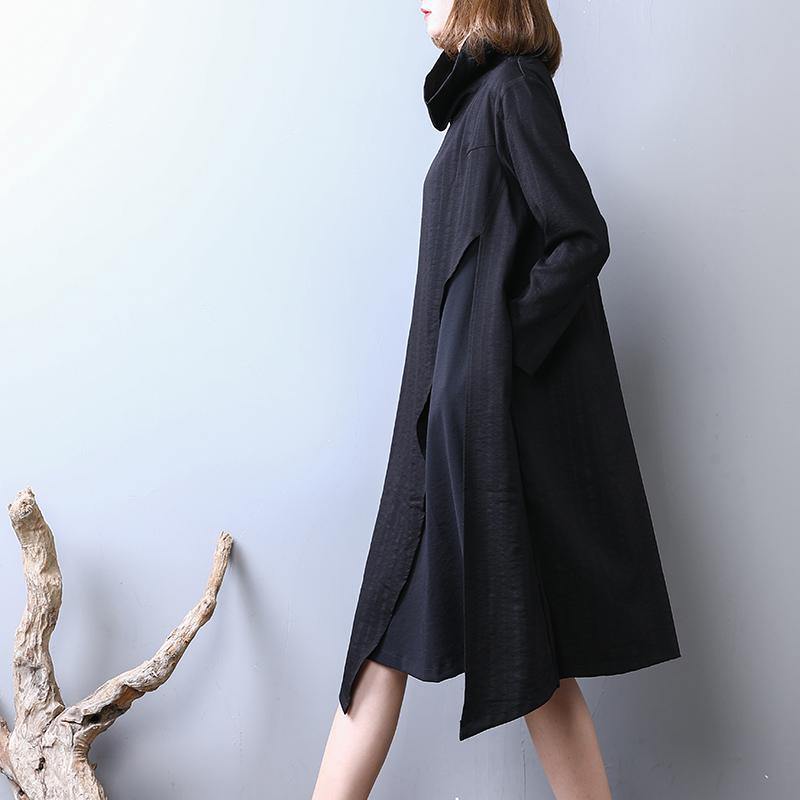 Elegant black cotton shift dresses casual holiday dresses asymmetric Fine high collar cotton dress - Omychic