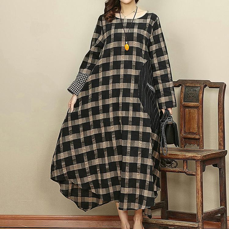 Elegant black dark Plaid autumn plus size v neck patchwork linen gown New pockets large hem dresses - Omychic