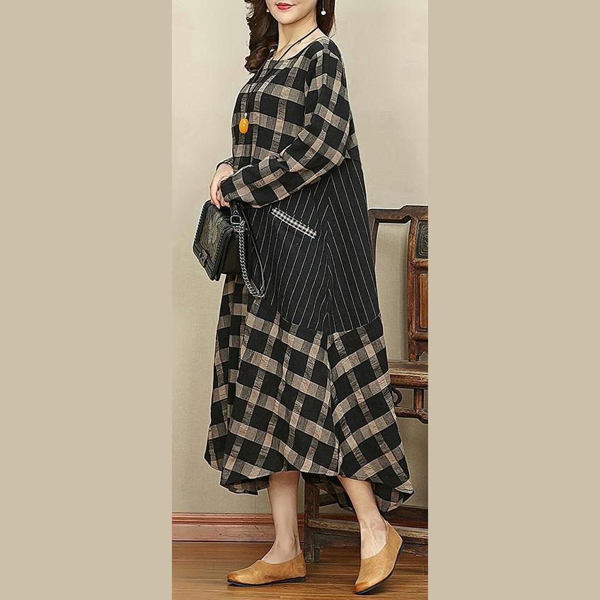 Elegant black dark Plaid autumn plus size v neck patchwork linen gown New pockets large hem dresses - Omychic