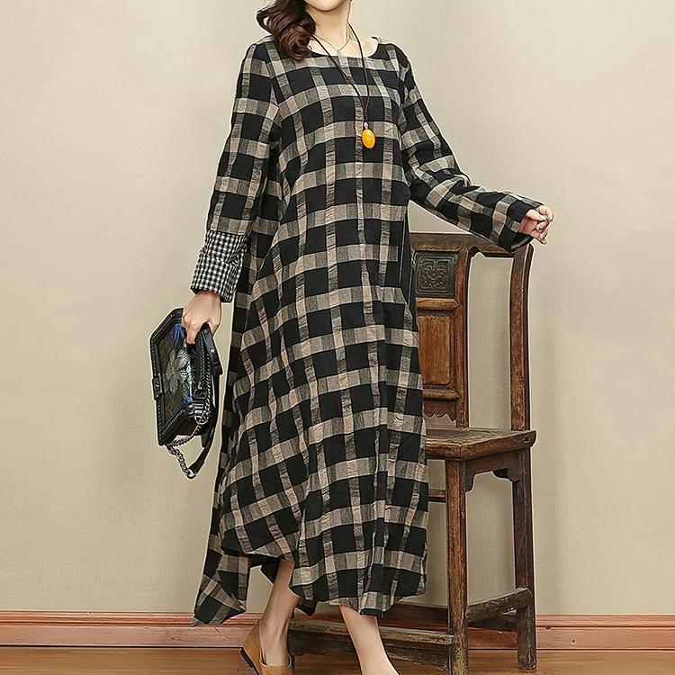 Elegant black dark Plaid autumn plus size v neck patchwork linen gown New pockets large hem dresses - Omychic