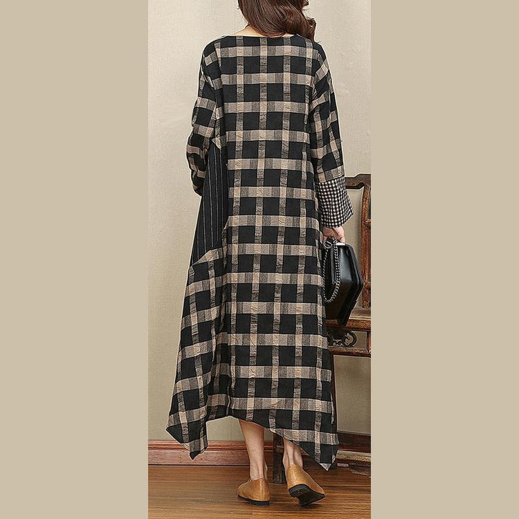 Elegant black dark Plaid autumn plus size v neck patchwork linen gown New pockets large hem dresses - Omychic