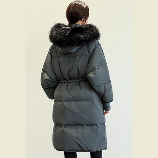 Elegant black down jacket woman Loose fitting tie waist down jacket fur collar coats - Omychic
