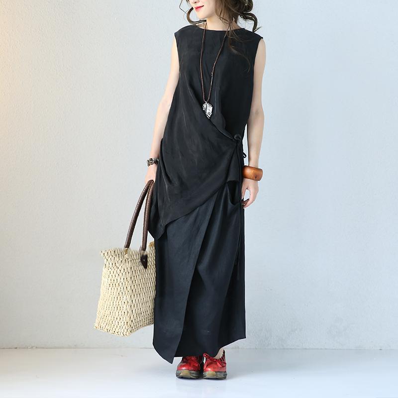 Elegant black natural silk linen dress plus size clothing O neck asymmetric gown women sleeveless tie waist caftans - Omychic