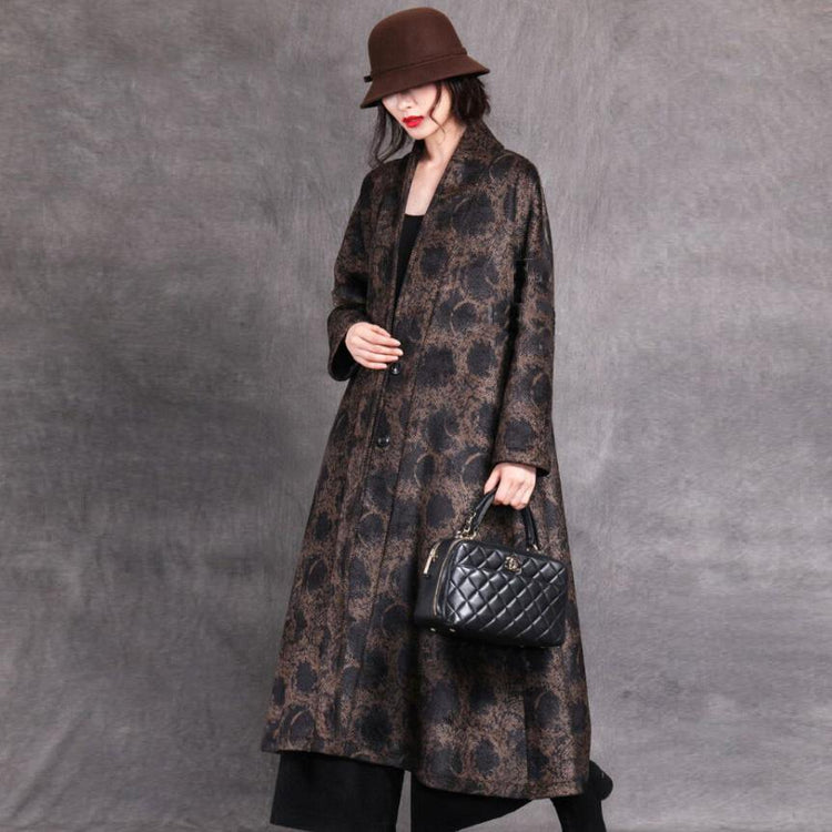 Elegant black print woolen coats casual long winter baggy V neck coats - Omychic