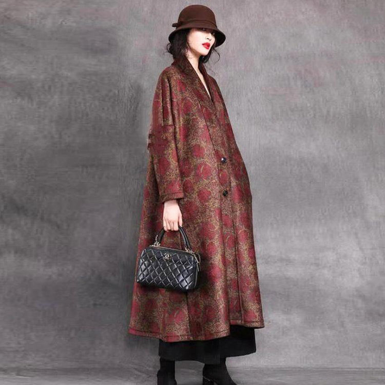 Elegant black print woolen coats casual long winter baggy V neck coats - Omychic