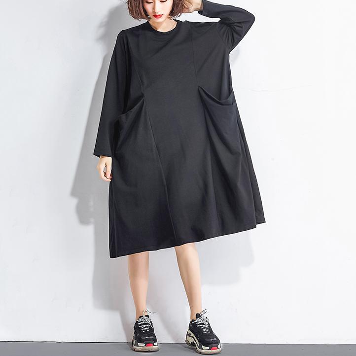 Elegant black pure cotton dress trendy plus size shirt dress 2018 long sleeve O neck baggy dresses natural cotton dress - Omychic