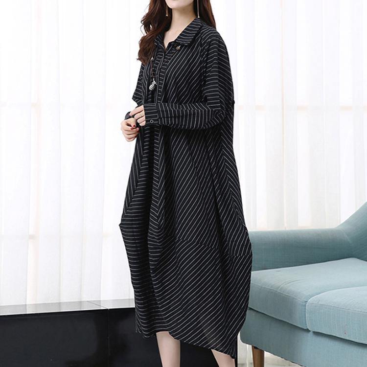 Elegant black striped maxi dress Loose fitting lapel gown casual asymmetric kaftans - Omychic