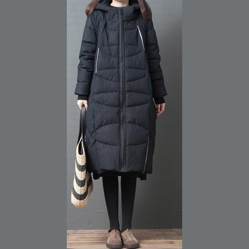 Elegant black winter parkas casual warm hooded zippered overcoat - Omychic