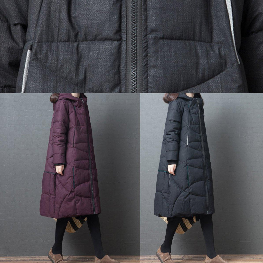 Elegant black winter parkas casual warm hooded zippered overcoat - Omychic