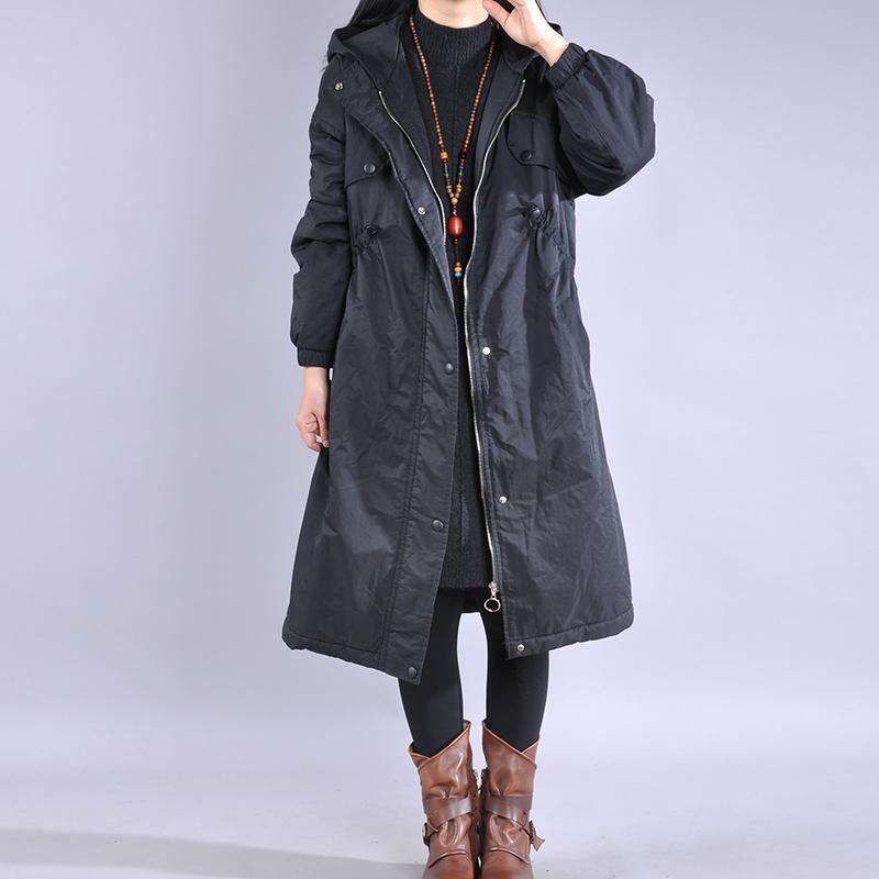 Elegant black winter parkas oversized snow jackets drawstring hooded overcoat - Omychic