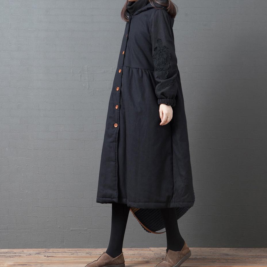 Elegant black womens parkas Loose fitting warm winter hooded wrinkled outwear - Omychic