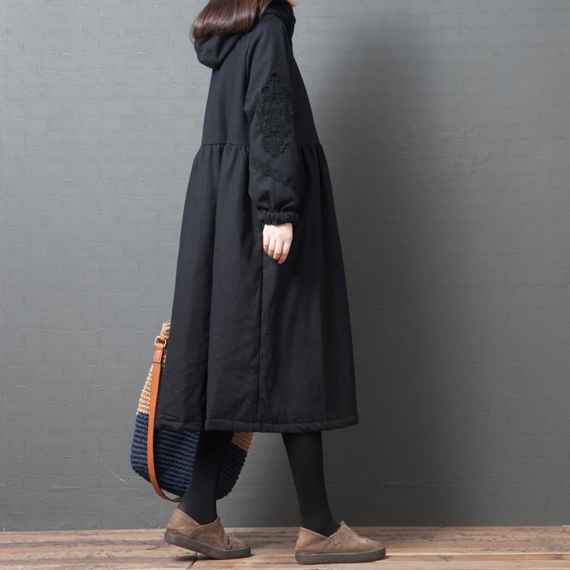 Elegant black womens parkas Loose fitting warm winter hooded wrinkled outwear - Omychic