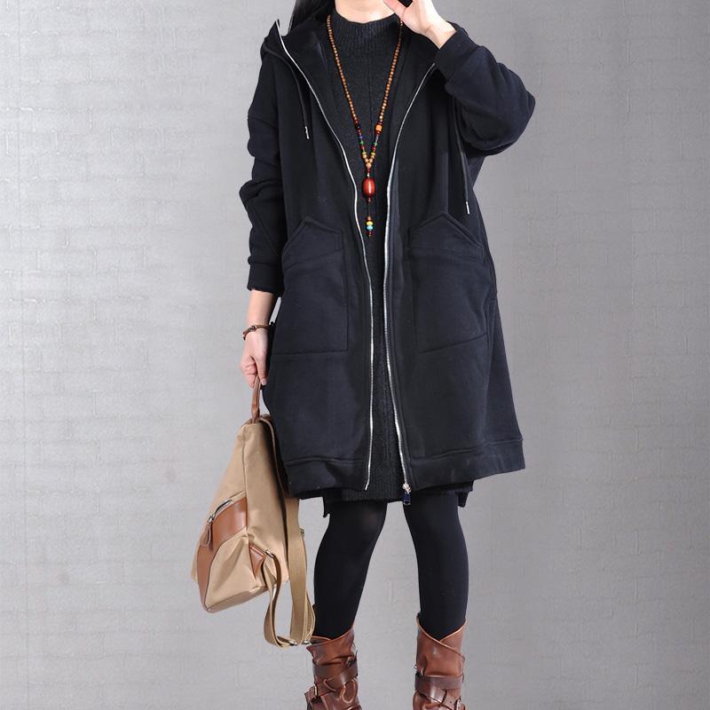 Elegant black zippered coat casual snow jackets two pockets drawstring hooded coats - Omychic