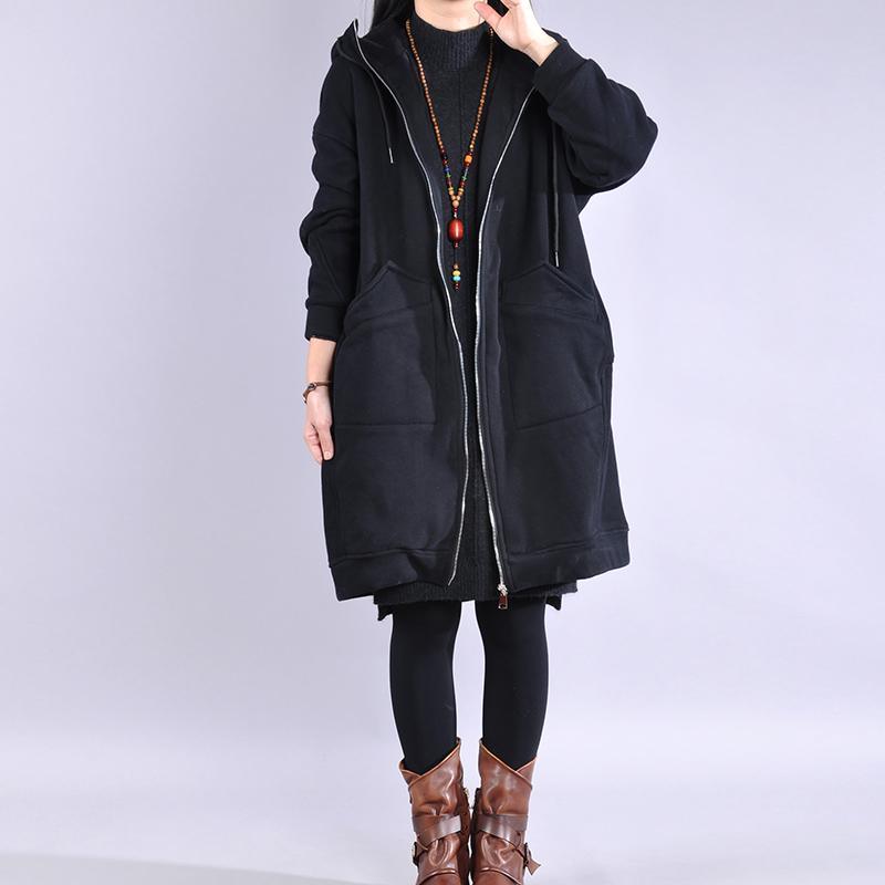 Elegant black zippered coat casual snow jackets two pockets drawstring hooded coats - Omychic