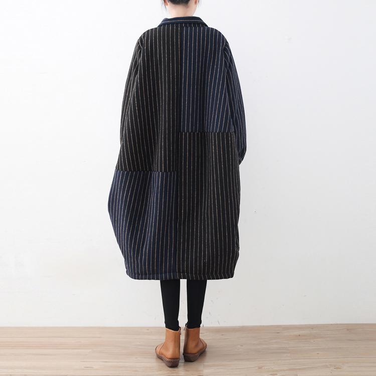 Elegant blue black striped quilted cotton coat plus size clothing turn-down Collar overcoat Warm patchwork trench wool coat - Omychic