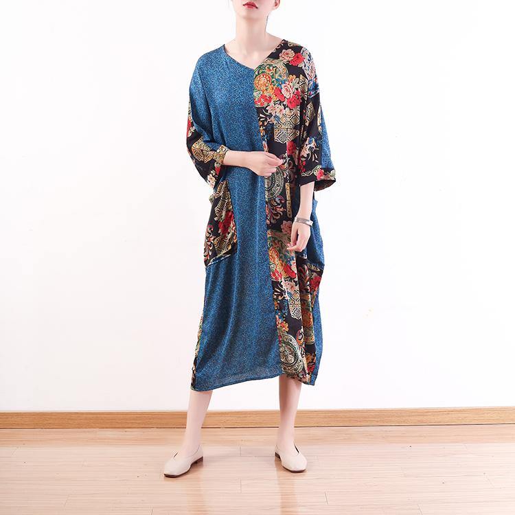 Elegant blue chiffon dress casual patchwork prints chiffon gown vintage silk o neck caftans - Omychic