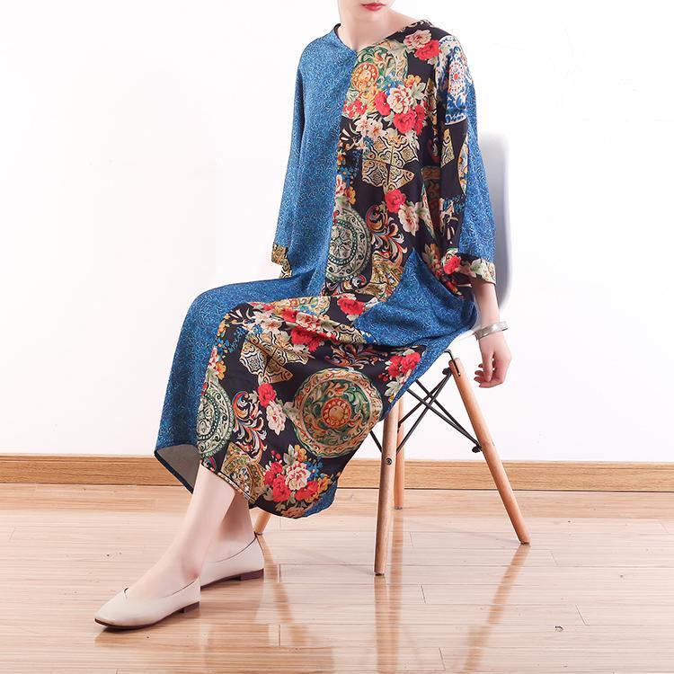 Elegant blue chiffon dress casual patchwork prints chiffon gown vintage silk o neck caftans - Omychic