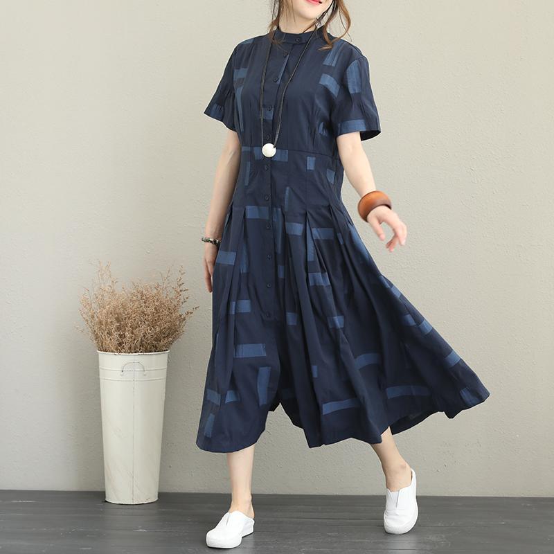 Elegant blue cotton blended plus size Stand exra large hem caftans vintage short sleeve tie waist cotton blended dress - Omychic