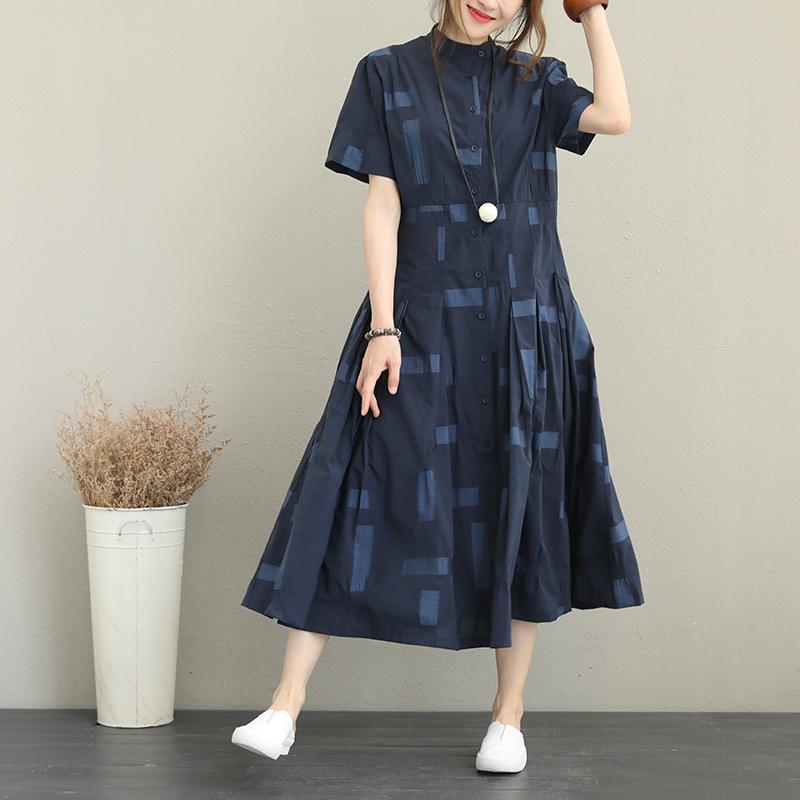 Elegant blue cotton blended plus size Stand exra large hem caftans vintage short sleeve tie waist cotton blended dress - Omychic