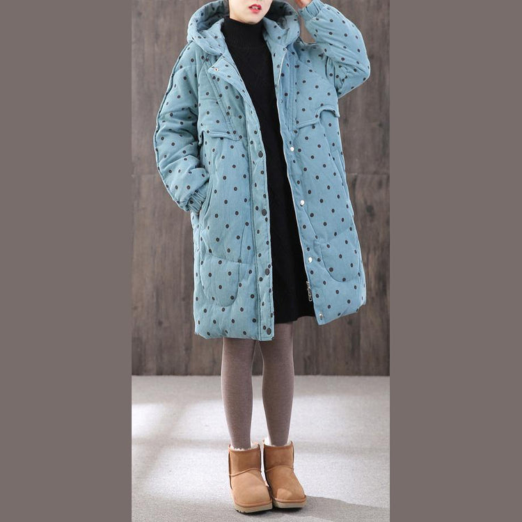 Elegant blue dotted Parkas for women plus size overcoat hooded zippered - Omychic