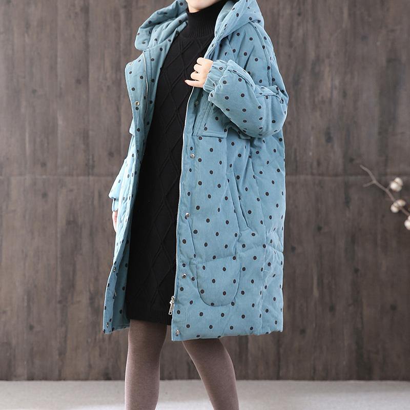 Elegant blue dotted Parkas for women plus size overcoat hooded zippered - Omychic