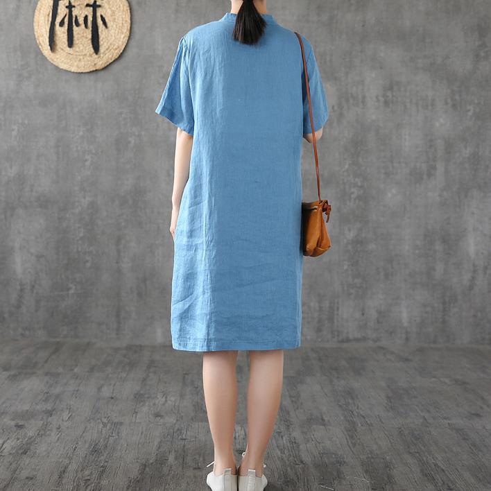 Elegant blue linen Robes stand collar patchwork Knee Dress - Omychic