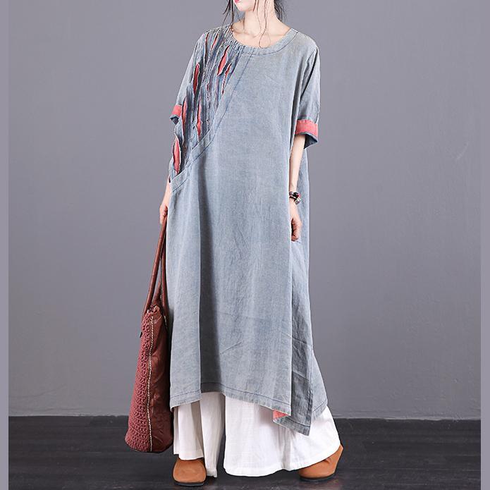 Elegant blue linen dresses o neck patchwork Plus Size summer Dresses - Omychic